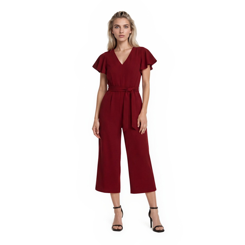 Tahari Jumpsuit Women's Size 10 Burgundy Flutter Sleeve Wide Leg Belted